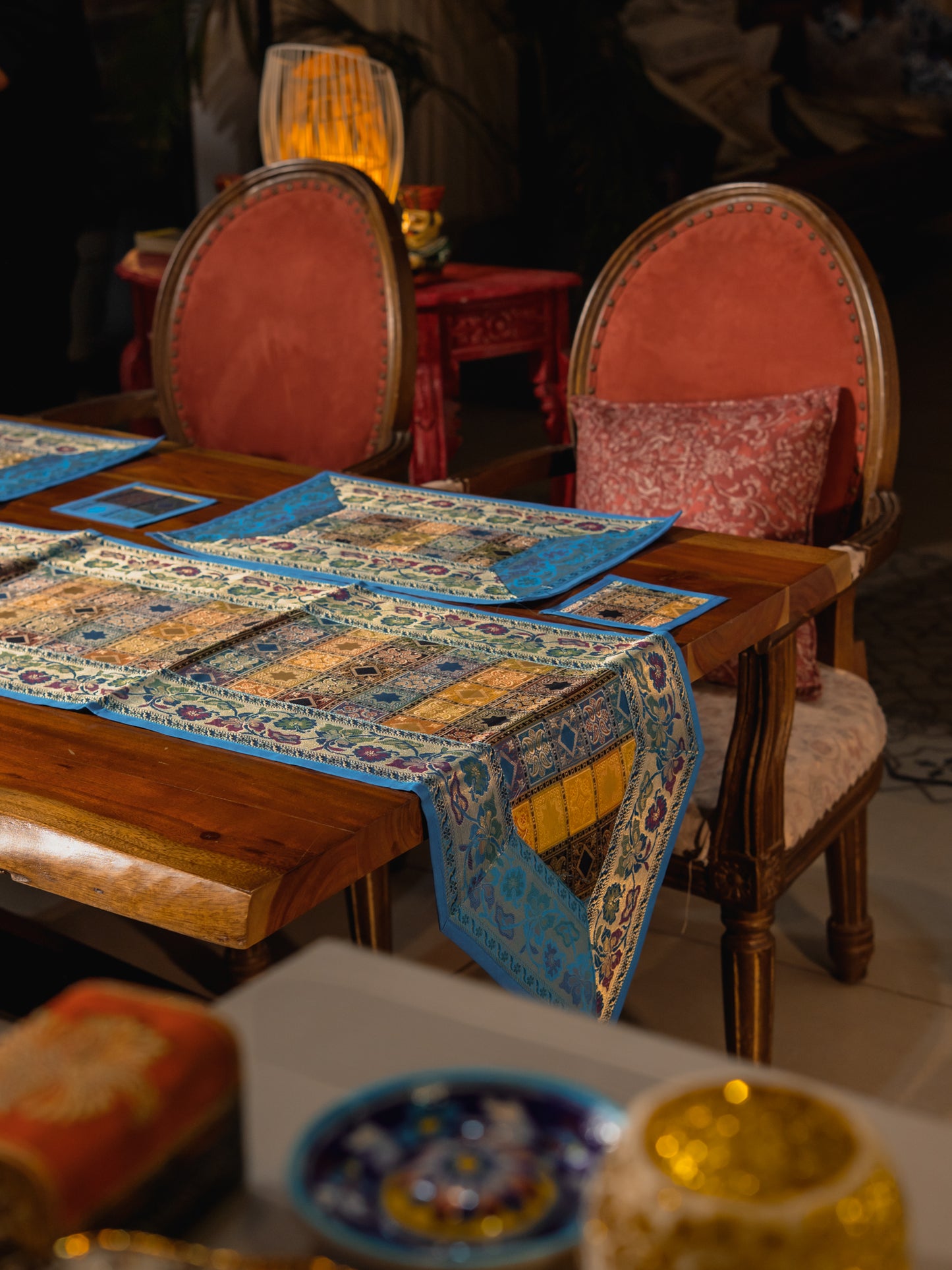 Silk Brocade Patchwork Table Runner Set (Runner + 6 Mats + 6 Coasters)